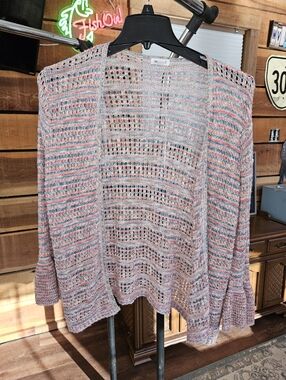 Westport Open-Front Multicolor Stripe Open Knit Bell Sleeve Cardigan 1x